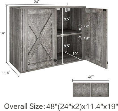 YOURLITE Laundry Cabinet, Medicine Cabinet, Bathroom Kitchen Storage Wall Mounted Farmhouse Organizer with Shelves Over Toilet, One Set of 2 Pieces X 24", Grey
