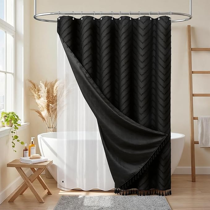 Dynamene Extra Long Shower Curtain and Liner Set - 96 inch Tall Boho Shower Curtain and Waterproof Clear Liner, Tufted Chevron Striped Tassel Shower Curtains for Bathroom, 12 Hooks, 72x96, Black