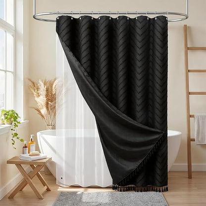 Dynamene Stall Shower Curtain and Liner Set - 60 inch Wide Boho Shower Curtain and Waterproof Clear Liner, Tufted Chevron Striped Textured Tassel Shower Curtains for Bathroom, 10 Hooks, 60x72, Black