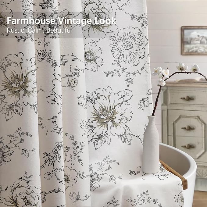 Farmhouse Floral Cotton Shower Curtain, Vintage Black Pattern Rustic Shower Curtains for Bathroom, 72x72