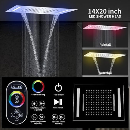 Temperature Display Shower System Chrome Shower Faucet Set with 14X20 inch Rainfall Shower & Waterfall Modes, Handheld Spray