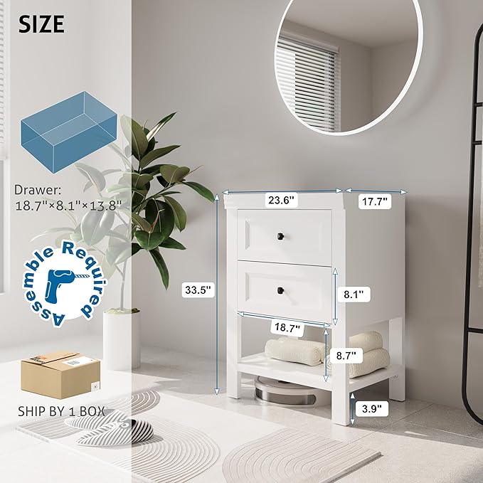 eclife 24" Bathroom Vanity with Sink Combo, Modern Painted Vanities Cabinet with Big Drawers, Opening Bottom Shelf, Raised Foot Pads, Exclude Undermount Sink, Faucet & Drain, White