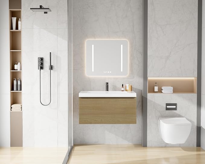 30 Inch Floating Bathroom Vanity with Sink, Modern Oak Wall Mounted Floating Vanity with Glossy Resin Sink, Soft Closing Drawer, Fully Pre Assembled Bathroom Vanity, Natural Oak
