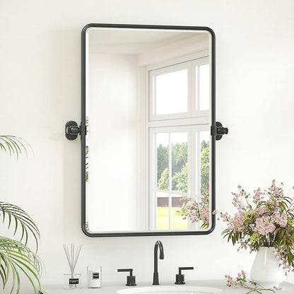 Keonjinn 20x30 Inch Black Povit Mirror for Bathroom, Tilt Mirror, Beveled | Tenmpered Glass, Rectangle, Adjustable Bathroom Mirrors for Over Sink, Farmhouse, Metal Framed, Horizontal/Vertical