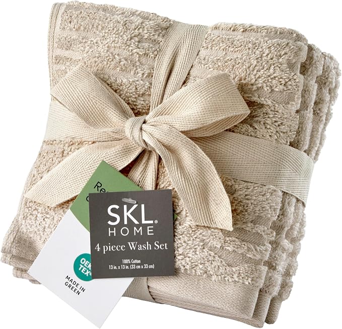 SKL Home CloudSoft Washcloth Set, 4-Piece, 100% Cotton Luxury, Oatmeal | Premium spa-level quality. 520 GSM weight. Ultra plush & absorbent.