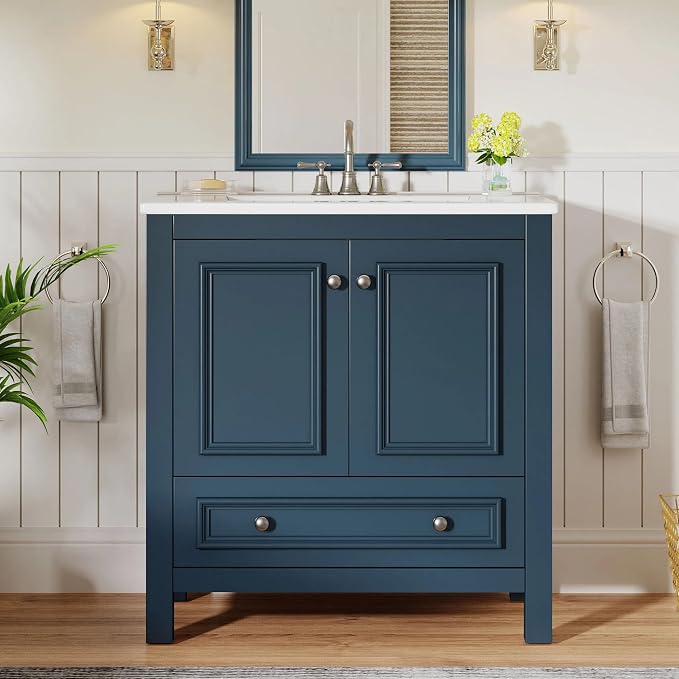 Tribesigns 30" Bathroom Vanity with Sink, Freestanding Bathroom Vanities Cabinet with Ceramic Basin Combo, Bathroom Sink Cabinet with 2 Doors and 1 Drawer, Solid Wooden Frame (Misty Blue, 30 INCH)