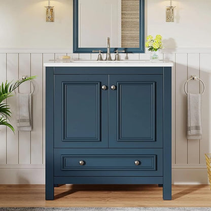 Tribesigns 30" Bathroom Vanity with Sink, Freestanding Bathroom Vanities Cabinet with Ceramic Basin Combo, Bathroom Sink Cabinet with 2 Doors and 1 Drawer, Solid Wooden Frame (Misty Blue, 30 INCH)