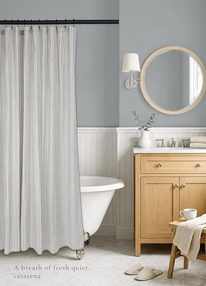 Farmhouse Striped Shower Curtain - 72x72 Inches, Linen Blend Fabric, Breathable & Machine Washable, Rustic Heirloom Blue for Bathroom Decor (Hooks/Liner Not Included)