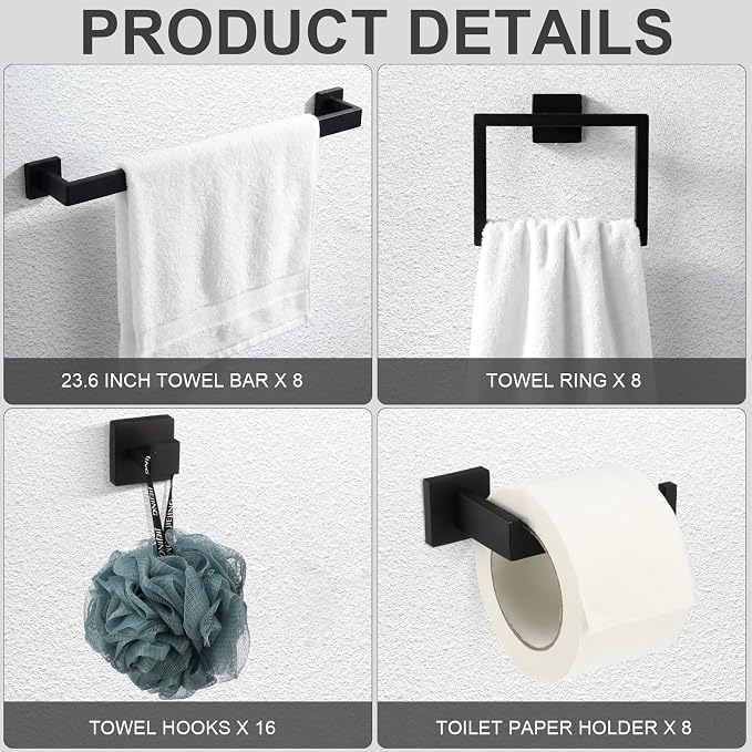 Gisafai 45 Pcs Matte Black Bathroom Hardware Accessories Set 23.6 Inch Black Bath Towel Bar Kit Stainless Steel Bathroom Hardware Set Towel Racks Ring Robe Hooks Paper Holder for Wall Mounted