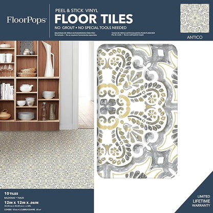 FloorPops FP2947 Antico Peel & Stick Floor Tiles, Multicolor (Pack of 6)