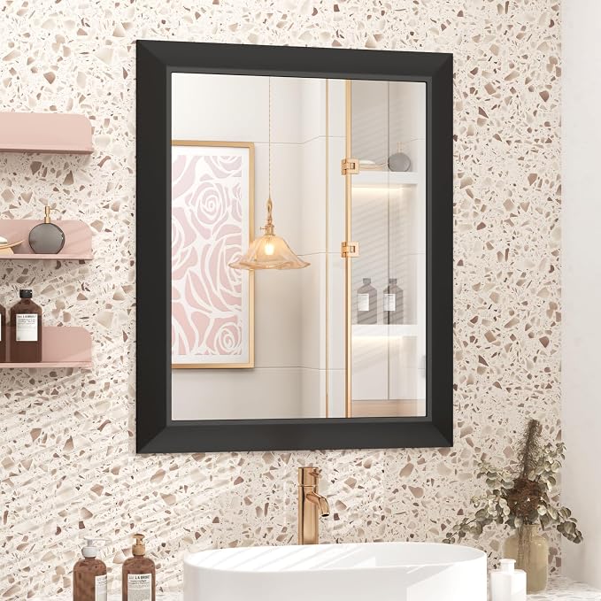 SMIROR 24x28 Matte Black Bathroom Vanity Mirror for Over Sink | Metal Wide Frame, Rectangle, Right- Angle Corner, Anti-Rust, Horizontally or Vertically Wall- Mounted for Home Remodel