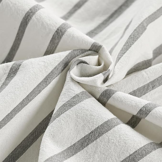 DOSLY IDÉES Farmhouse Shower Curtain, Beige and Gray Stripe, Button Curtain, Linen and Cotton Woven Fabric, Rustic Charm Country Chic Style, 72x72 in