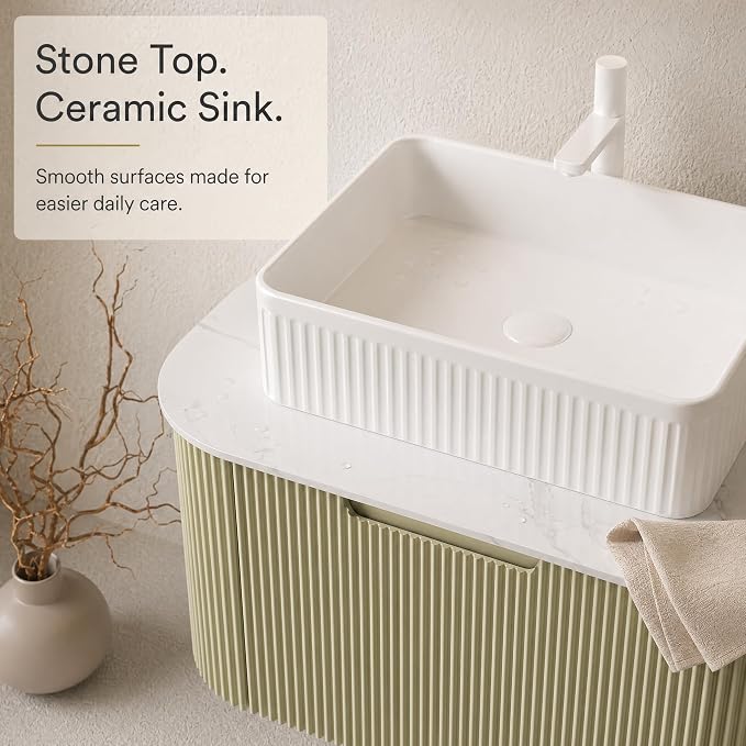 30 Inch Bathroom Vanity with Sink, Floating Wall Mounted Single Sink Vanity, Sage Green Curved Fluted Front, Stone Top, White Textured Rectangular Vessel Basin, Pre-Assembled