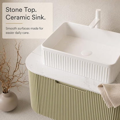 30 Inch Bathroom Vanity with Sink, Floating Wall Mounted Single Sink Vanity, Sage Green Curved Fluted Front, Stone Top, White Textured Rectangular Vessel Basin, Pre-Assembled
