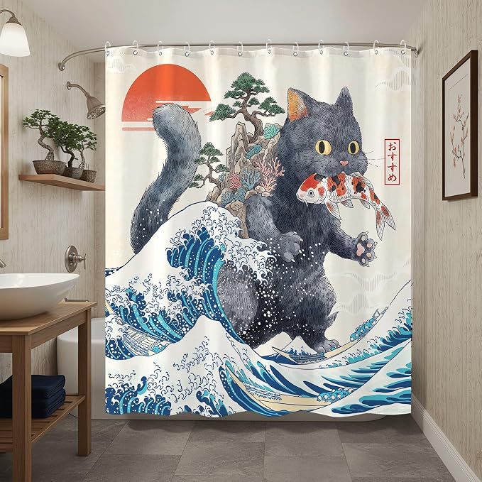 Accnicc Funny Cat Monster Shower Curtain for Bathroom 72 X 72 Inch | Fun Cool Black Cat Shower Curtains, Japanese Ocean Wave Kids Bath Curtain Decor, Water-Resistant Washable Polyester Fabric