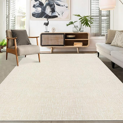 Garvee Large Rugs for Living Room 9x12 Textured Washable Area Rug, Beige | Modern Solid Color Non Slip Backing Low Pile Non Shedding Stain Resistant Minimalist Rug for Dining Room Nursery Bedroom