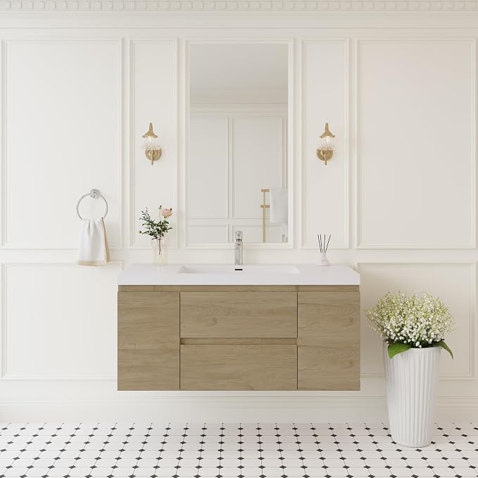 Floating Bathroom Vanity with Sink, 48" Wall-Mounted Bathroom Vanity | Resin Top Basin and Soft Close Drawers, No Assembly Required, Natural Oak
