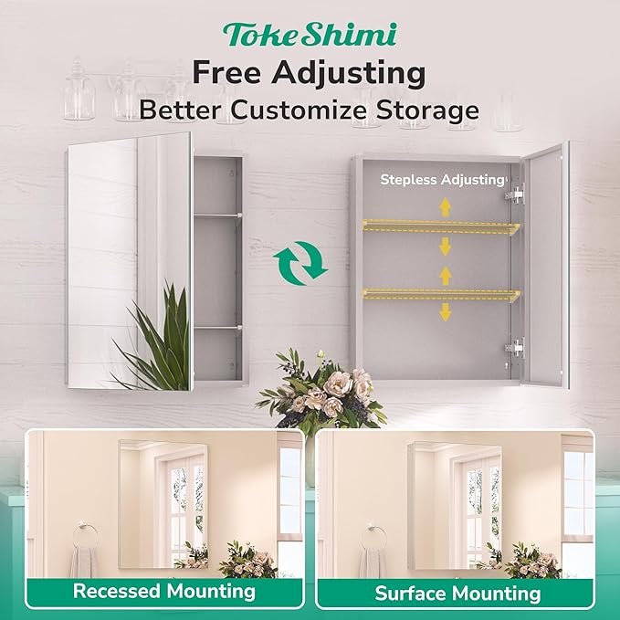 TokeShimi 64x32 Bathroom Medicine Cabinet with Mirror Tempered, Aluminum Silver Mirrored Medicine Cabinet Recessed or Surface Mount with Adjustable Storage Metal for Modern Farmhouse