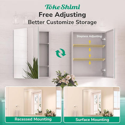 48x26 Recessed Medicine Cabinet with Mirror Aluminum, Silver Tempered Frameless Bathroom Mirror with Storage Adjustable, White Wall Mounted Medicine Cabinet for Bathroom Farmhouse
