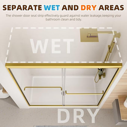 Royal Guard Double Sliding Shower Door,44-48" W x 70" H，Brush Gold | Shower Doors with 6mm Clear SGCC Tempered Glass,Bypass Shower Enclosure,Nano Coating Easy Clean&Waterproof&Adjustable Width