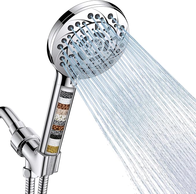 FEELSO Filtered Shower Head with Handheld, 5-Modes High Pressure Showerhead | 15 Stage Water Softener Filters for Hard Water, Remove Chlorine & Harmful Substance, 5 Spray Mode Showerhead, Hose & Bracket