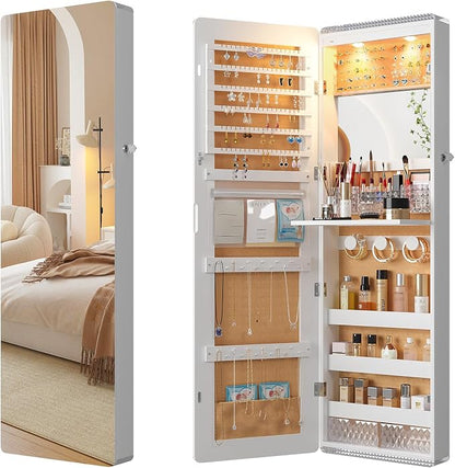 HNEBC Over the Door Jewelry Organizer with LED Lights, 47.2" Full Length Mirror with Storage, Wall Mounted Jewelry Armoire, Hanging Mirror with 2 Drawers,Lokable,3 Shelves-White