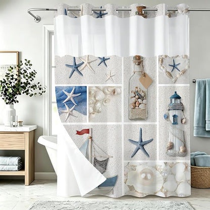 White Abstract Beach Theme No Hook Waffle Weave Shower Curtain with Snap in Liner Summer Ocean Coastal Nautical Modern Bathroom Decor Set 72 W x 74 H Inch Blue