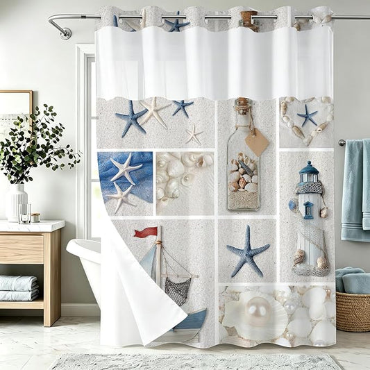 White Abstract Beach Theme No Hook Waffle Weave Shower Curtain with Snap in Liner Summer Ocean Coastal Nautical Modern Bathroom Decor Set 72 W x 74 H Inch Blue