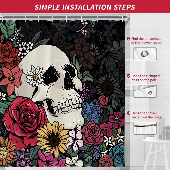 Halloween Gothic Hippie Skull Skeleton Shower Curtain for Bathroom 72W*72H Inch Scary Spooky Rustic Horror Vintage Floral Bathtub Hallowmas Decor Waterproof Polyester Fabric Set with 12 Hooks
