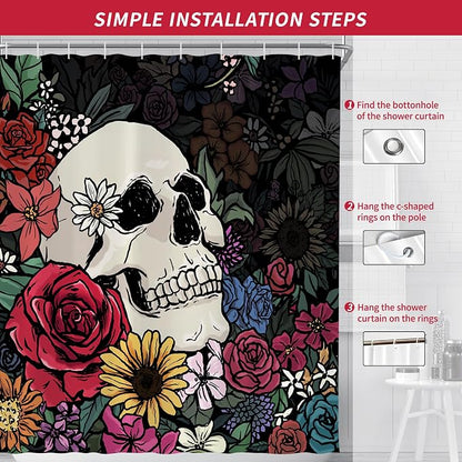 Halloween Gothic Hippie Skull Skeleton Shower Curtain for Bathroom 72W*72H Inch Scary Spooky Rustic Horror Vintage Floral Bathtub Hallowmas Decor Waterproof Polyester Fabric Set with 12 Hooks