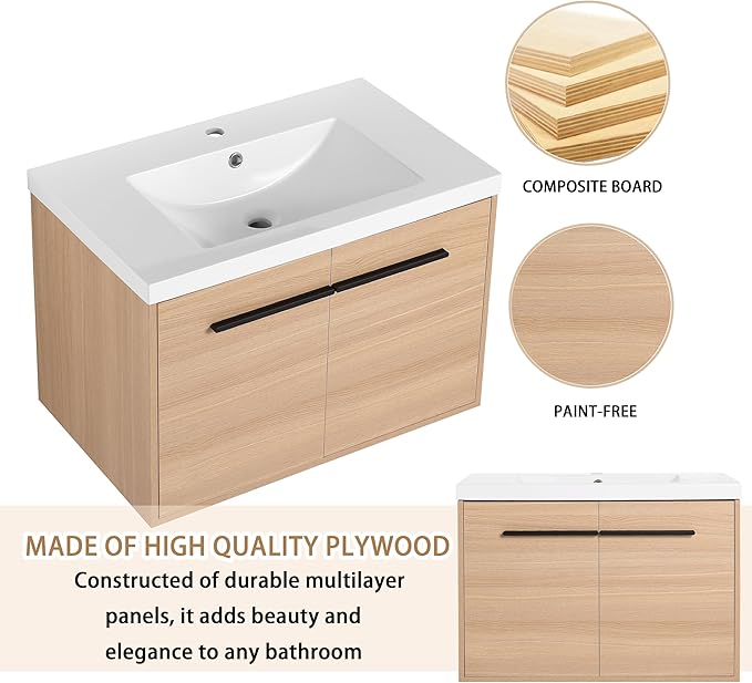 30" Floating Bathroom Vanity,30 Inch Bathroom Vanity with Sink,Single Sink Wall Mounted Vanity Combo,Brown Wall Mounted Cabinet Set
