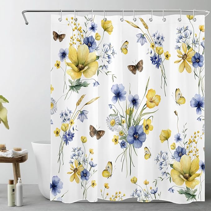 HVEST Farmhouse Floral Shower Curtain with Hooks, Blue and Yellow Flower and Butterfly on White Shower Curtain for Bathroom, Rustic Wildflower Bathroom Curtains Shower Set, 60X72 inch