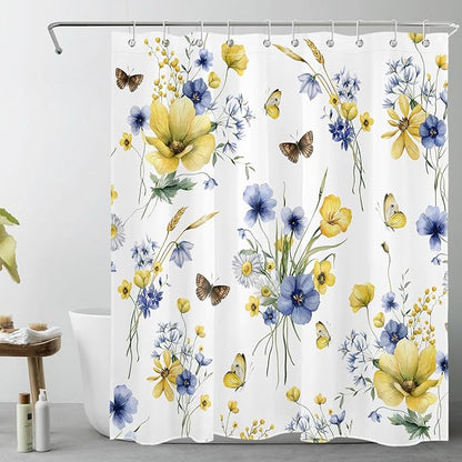 HVEST Farmhouse Floral Shower Curtain with Hooks, Blue and Yellow Flower and Butterfly on White Shower Curtain for Bathroom, Rustic Wildflower Bathroom Curtains Shower Set, 60X72 inch