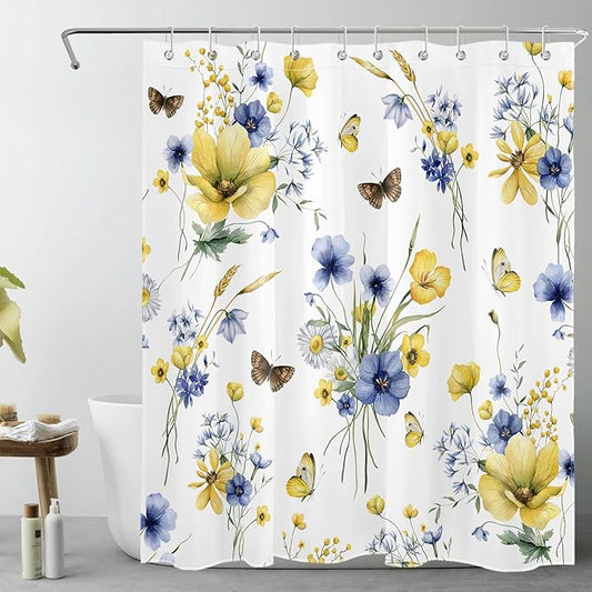 HVEST Farmhouse Floral Shower Curtain with Hooks, Blue and Yellow Flower and Butterfly on White Shower Curtain for Bathroom, Rustic Wildflower Bathroom Curtains Shower Set, 60X72 inch