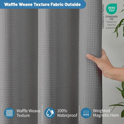 Waterproof Waffle Shower Curtain, No Liner Needed, 72x72 Inch Grey | Hotel-style waffle-weave fabric, built-in waterproof TPU backing, no separate liner needed, machine washable for bathroom use