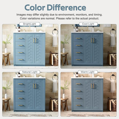 Merax Herringbone Single Sink Bathroom Vanity, Freestanding 30" Modern Bathroom Vanity Storage Cabinet with 3 Drawers and 2 Doors, Solid Wood Frame