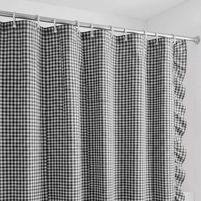 HunnmingRe Ruffled Gingham Shower Curtain Matte Black | 72'' x 72'' Vintage Farmhouse Curtain, Cotton Cottage Core Rural Checkered Plaid Decor, Fall Shower Curtain for Bathroom