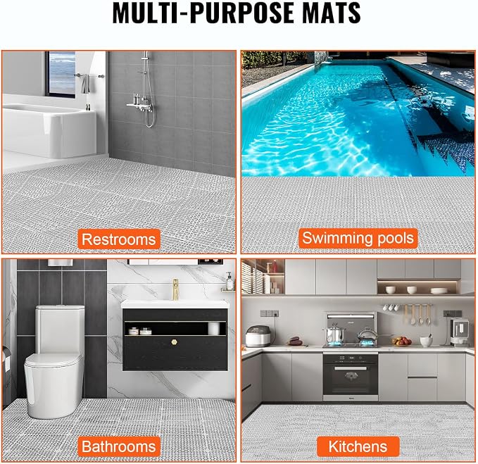 VEVOR Interlocking Tile 55PCS, Drainage Tiles 12" x 12" Splicing, Soft PVC Interlocking Drainage Floor Tiles, Non-Slip Drainage Holes for Restroom, Bathroom, Kitchen, Pool, Wet Areas, Grey