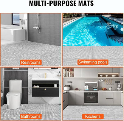 VEVOR Interlocking Tile 55PCS, Drainage Tiles 12" x 12" Splicing, Soft PVC Interlocking Drainage Floor Tiles, Non-Slip Drainage Holes for Restroom, Bathroom, Kitchen, Pool, Wet Areas, Grey
