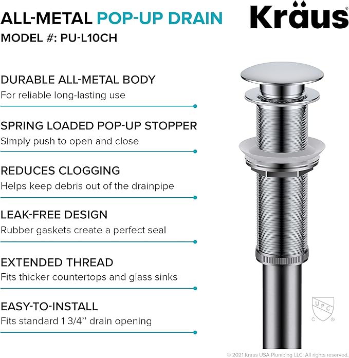 KRAUS Bathroom Sink Pop-Up Drain Assembly in Chrome for Vessel Sinks and Sinks without Overflow, with Extended Thread for Thicker Countertops, PU-L10CH