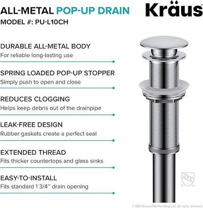 KRAUS Bathroom Sink Pop-Up Drain Assembly in Chrome for Vessel Sinks and Sinks without Overflow, with Extended Thread for Thicker Countertops, PU-L10CH