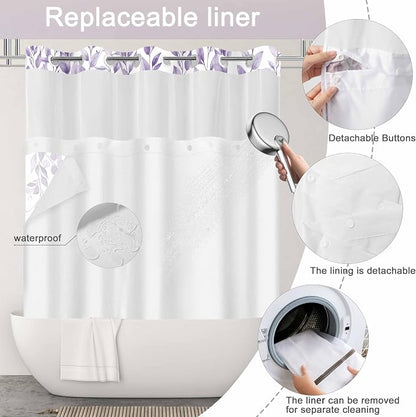No Hook Shower Curtain and Liner Set, Light Purple Eucalyptus 71x74 | Floral Design, with Snap in Liner, Waterproof, Machine Washable, Quick-Drying, for Hotel Bathroom