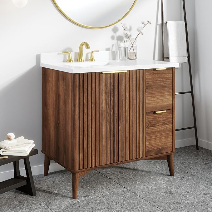 OVE Decors Indy 36 in. Undermount Single Sink Bathroom Vanity with White Engineered Marble Top, Warm Walnut