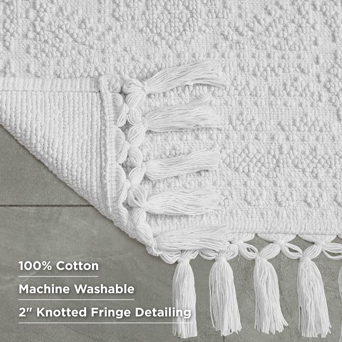French Connection Nellore Bath Rugs, Woven and Beaded Bath Mats, Durable and Thick Bath Mats for Bathroom and Shower Rugs, 17" x 28", White