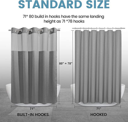 EUTXL Heavyweight Long No Hook Shower Curtain with Snap in Liner,256GSM Waffle Weave Shower Curtains for Bathroom,71W x 80H(78"),Grey
