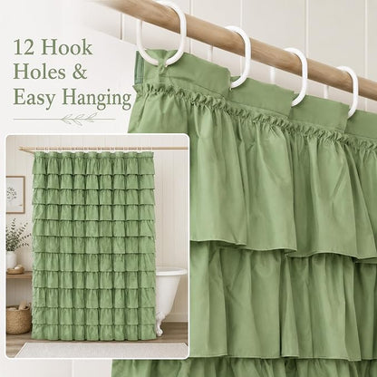 Sage Green Ruffle Shower Curtain for Bathroom, 72x84 inch, 1 Panel | Cottagecore Bathroom Decor, Soft Microfiber Fabric, Extra-Long 72 X 84, 12 Hooks Included, Machine Washable, Opaque Privacy