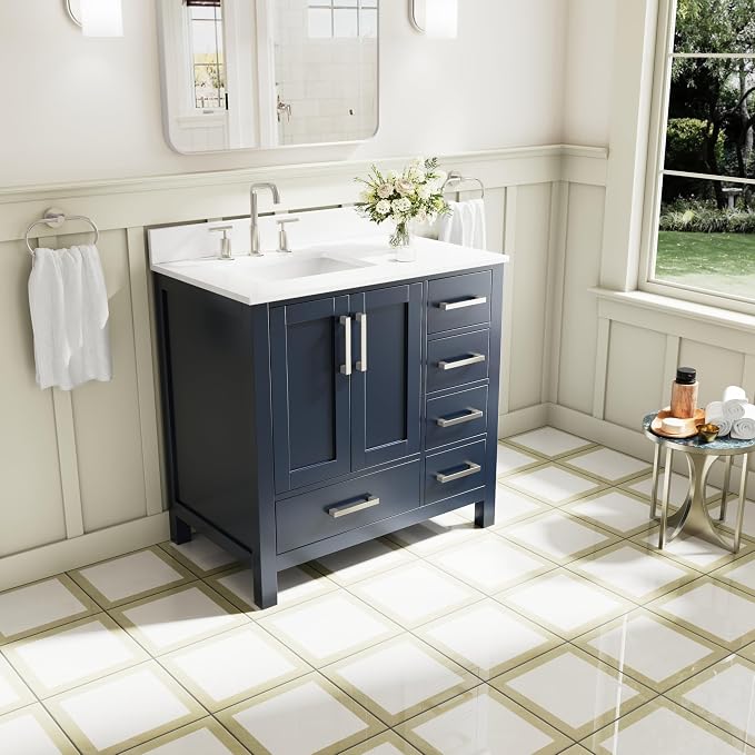 36-Inch Bathroom Vanity with Sink, 2 Soft-Close Doors and 5 Soft-Close Drawers, Bathroom Freestanding Vanity with Cultured Marble Countertop, Navy Blue Vanity with Brushed Nickel Handles
