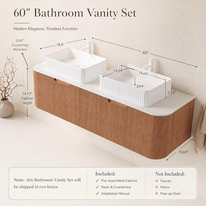 60 Inch Double Sink Bathroom Vanity, Floating Wall Mounted Cabinet, Natural Woodgrain Curved Fluted Front, Stone Top, Dual White Textured Rectangular Vessel Basins, Pre-Assembled