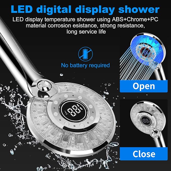 LED Shower Head Color Changing, Shower Head High Pressure with Hose | Water Saving Spray Showerheads, Discoloration Warning, Water Temperature Display, 3 Spray Modes, Easy to Install, ‎Chrome