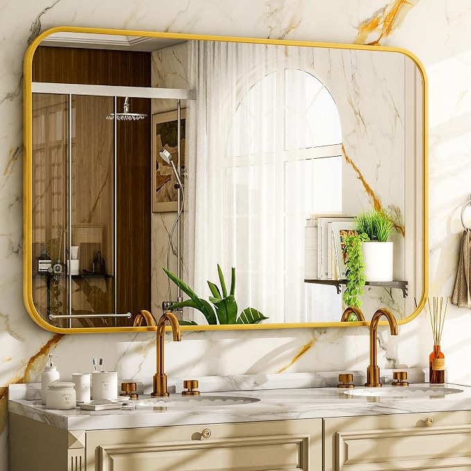 Easly 30 x 40 Inch Bathroom Mirror, Rounded Rectangular Vanity Mirror for Wall, Modern Mirror for Room Decor, Gold Framed Wall-Mounted Mirrors for Home Decor, Hangs Horizontally or Vertically